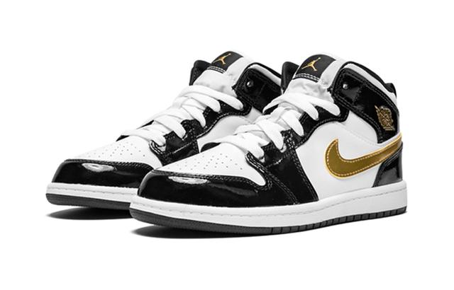 BP Air Jordan 1 Mid Patent Black White Gold