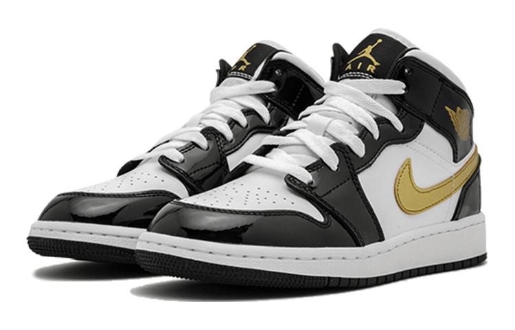 Jordan Air Jordan 1 Mid Patent Black White Gold GS