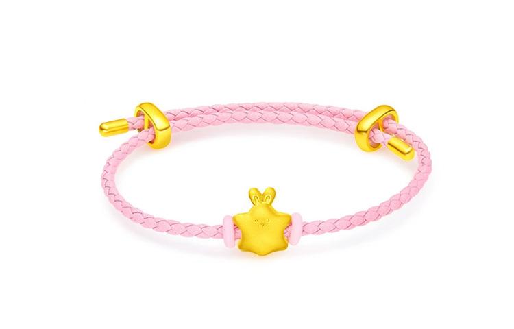 月斐 星星兔 小公主粉色皮绳可调节 精致可爱星星造型小兔子 足金 一口价 黄金手链 女款